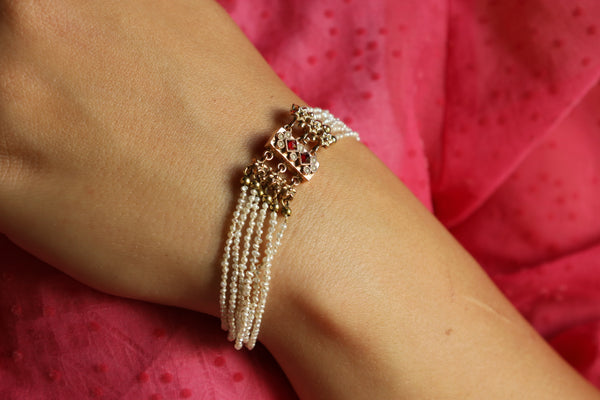Antique Edwardian Micro Pearl Bracelet with Garnet Clasp Lock