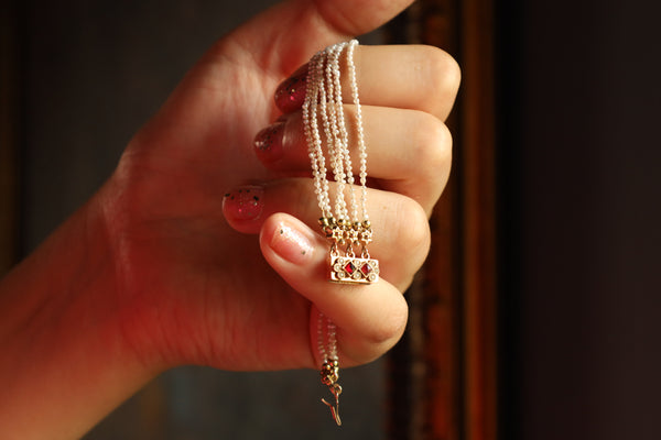 Antique Edwardian Micro Pearl Bracelet with Garnet Clasp Lock