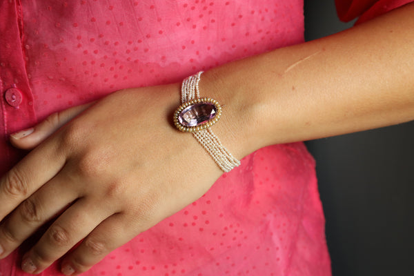 Antique Edwardian Micro Pearl Bracelet with Garnet Clasp Lock