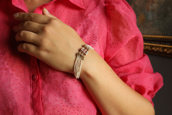 Antique Edwardian Micro Pearl Bracelet with Garnet Clasp Lock
