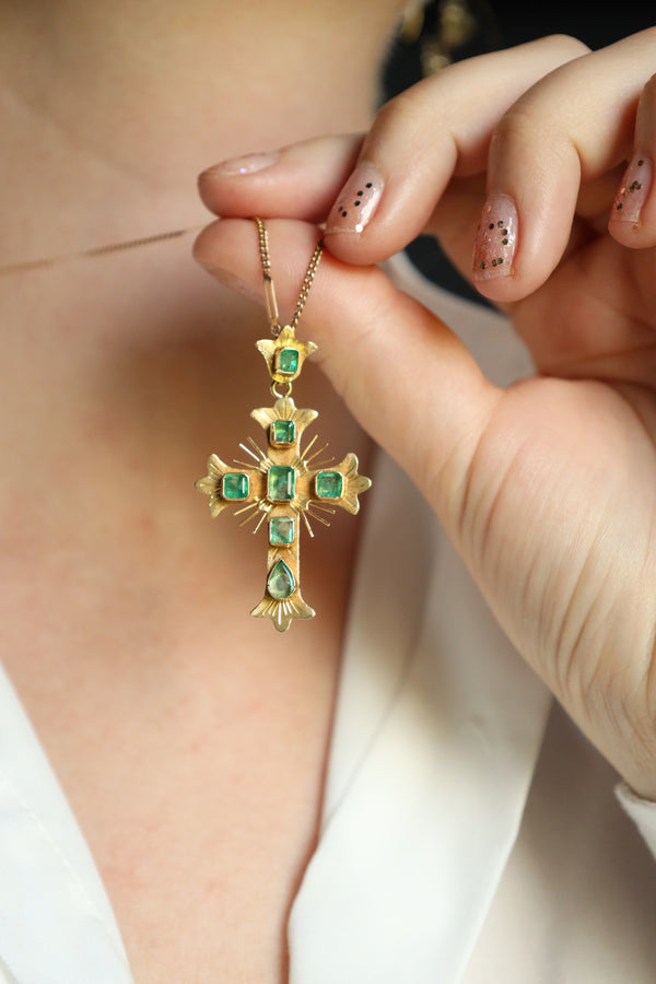 Antique Emerald Cross Pendant, Solid 18k Gold