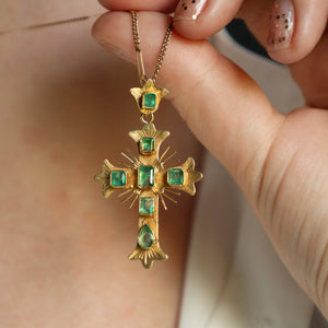 Antique Emerald Cross Pendant, Solid 18k Gold
