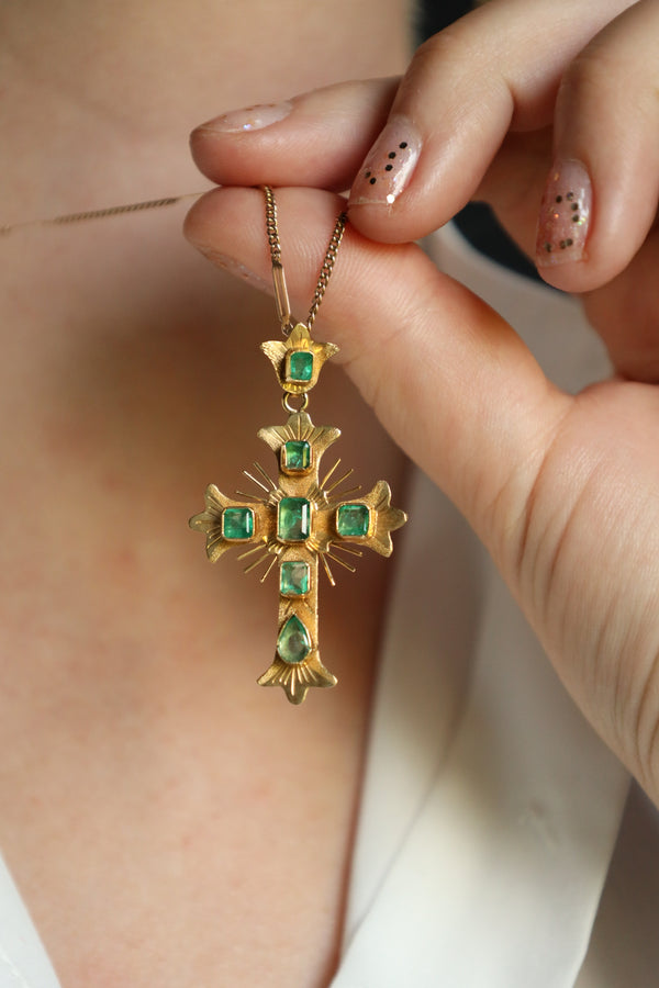 Antique Emerald Cross Pendant, Solid 18k Gold