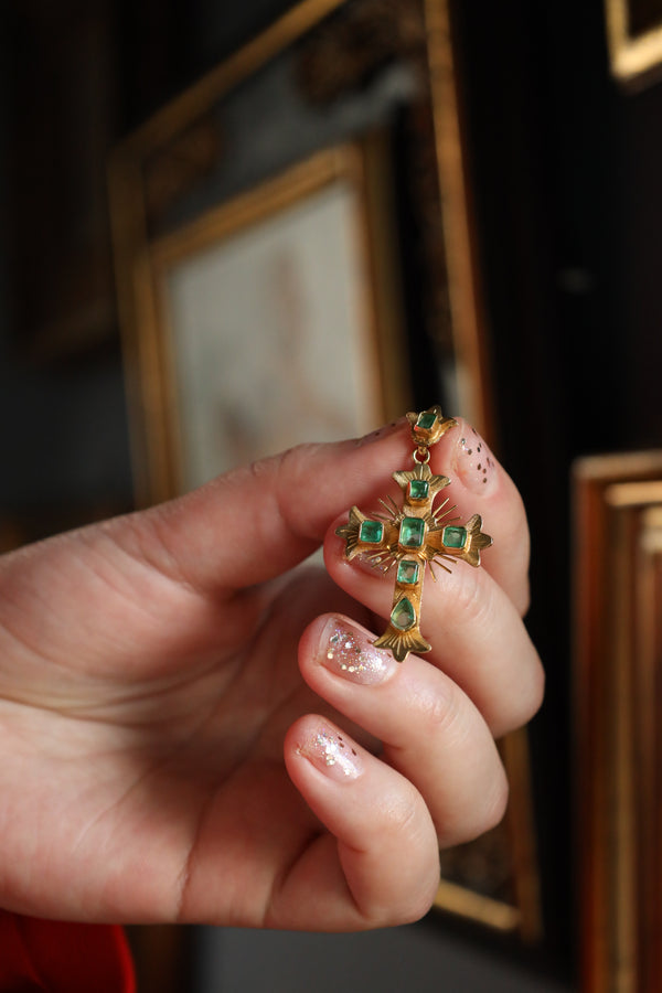 Antique Emerald Cross Pendant, Solid 18k Gold