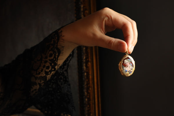 Antique Enamel Miniature Locket Pendant 18k Gold - Allegory of Music