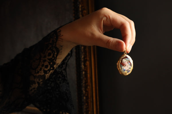 Antique Enamel Miniature Locket Pendant 18k Gold - Allegory of Music
