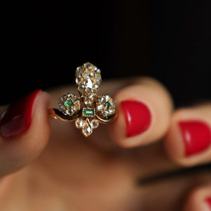 Antique Fleur-De-Lis Lily Ring with Light Green Emeralds and Rose Cut Diamonds