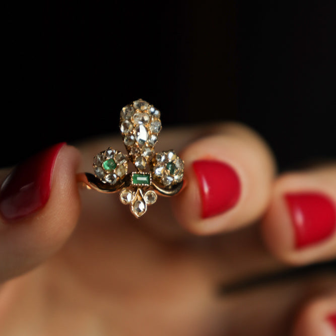 Antique Fleur-De-Lis Lily Ring with Light Green Emeralds and Rose
