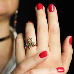 Antique Fleur-De-Lis Lily Ring with Light Green Emeralds and Rose Cut Diamonds