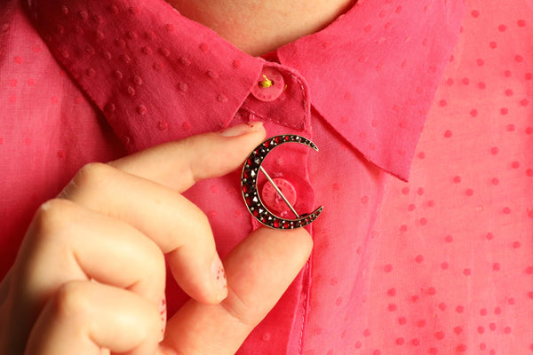 Antique Foiled Garnet Crescent Moon Brooch