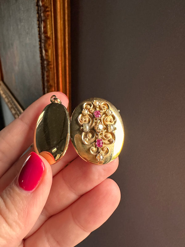 Antique French 18k Gold Locket Pendant set with Ruby, Pearl and Old Mine Cut Diamonds