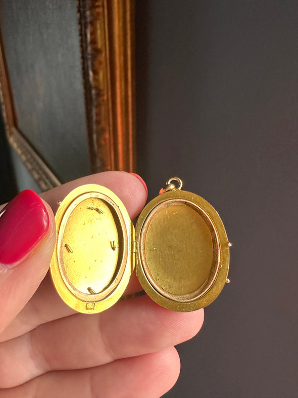 Antique French 18k Gold Locket Pendant set with Ruby, Pearl and Old Mine Cut Diamonds