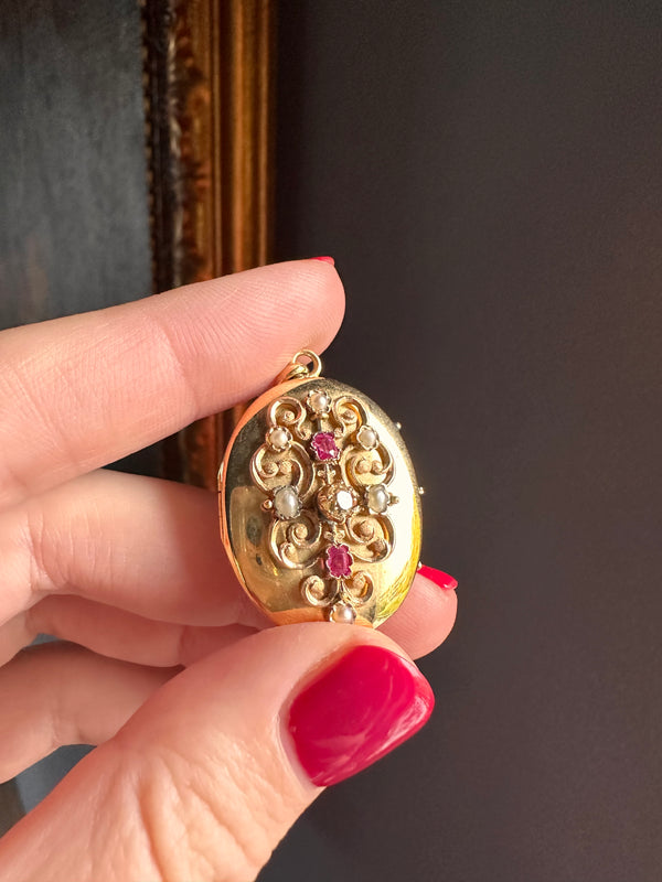 Antique French 18k Gold Locket Pendant set with Ruby, Pearl and Old Mine Cut Diamonds