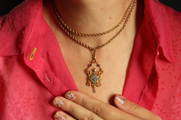 Antique French Diamond Pendant with Enamel and Sapphires