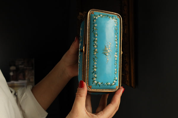 Antique French Jewelry Box signed by TAHAN, Blue Enamel, Pearls, Pink Silk