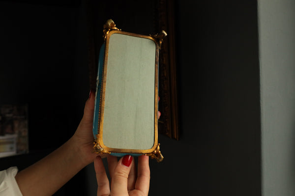 Antique French Jewelry Box signed by TAHAN, Blue Enamel, Pearls, Pink Silk