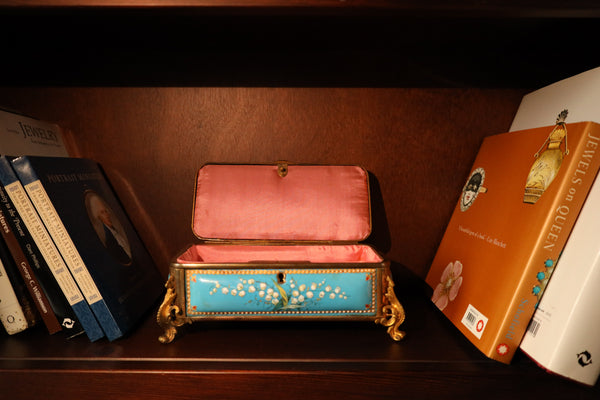 Antique French Jewelry Box signed by TAHAN, Blue Enamel, Pearls, Pink Silk