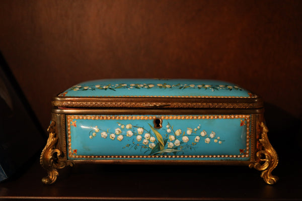 Antique French Jewelry Box signed by TAHAN, Blue Enamel, Pearls, Pink Silk