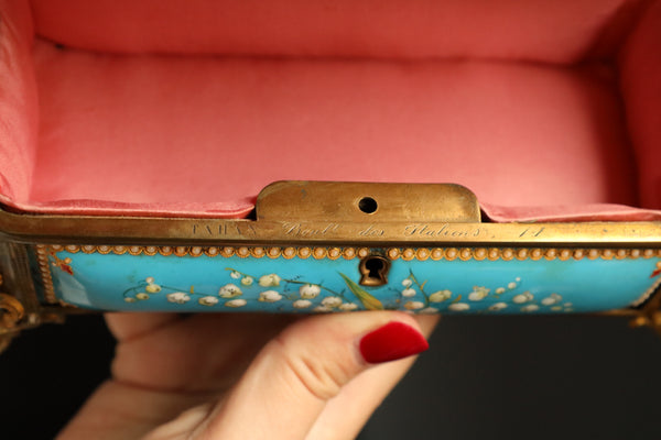 Antique French Jewelry Box signed by TAHAN, Blue Enamel, Pearls, Pink Silk