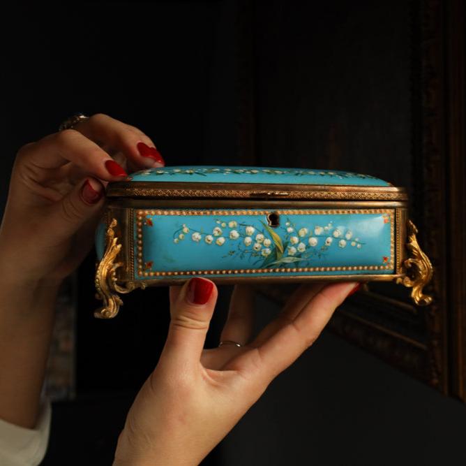 Antique French Jewelry Box signed by TAHAN, Blue Enamel, Pearls, Pink Silk