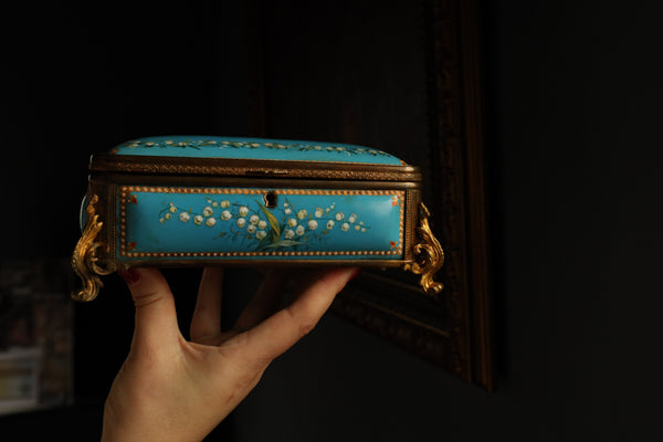 Antique French Jewelry Box signed by TAHAN, Blue Enamel, Pearls, Pink Silk