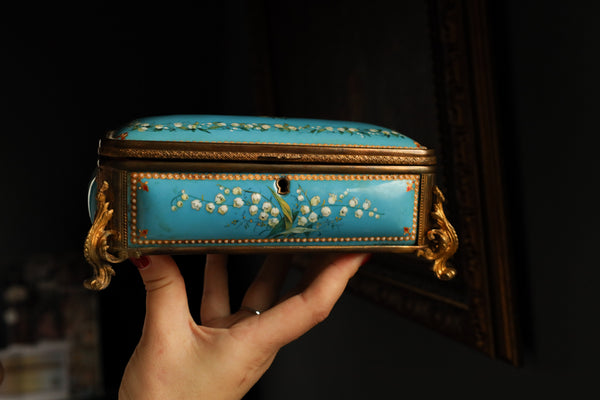 Antique French Jewelry Box signed by TAHAN, Blue Enamel, Pearls, Pink Silk