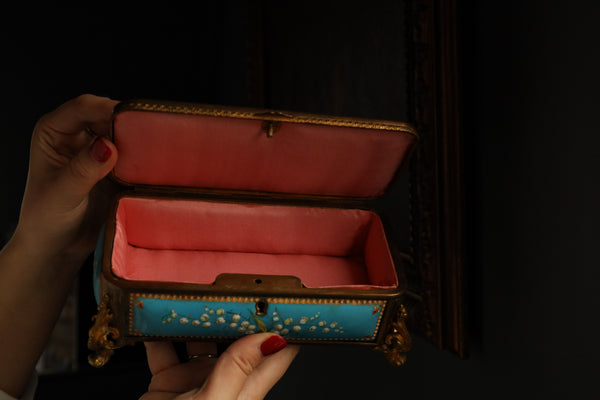 Antique French Jewelry Box signed by TAHAN, Blue Enamel, Pearls, Pink Silk