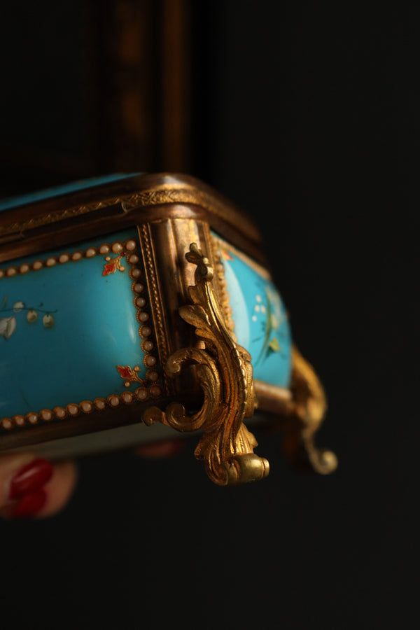 Antique French Jewelry Box signed by TAHAN, Blue Enamel, Pearls, Pink Silk