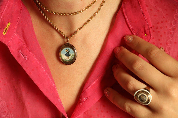 Antique French Verre Eglomise Miniature Locket Pendant, Collectible Jewelry