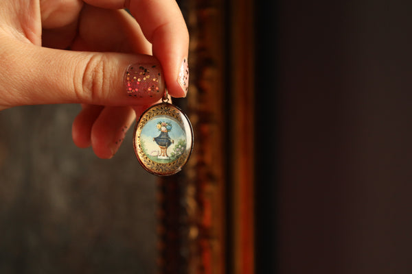 Antique French Verre Eglomise Miniature Locket Pendant, Collectible Jewelry