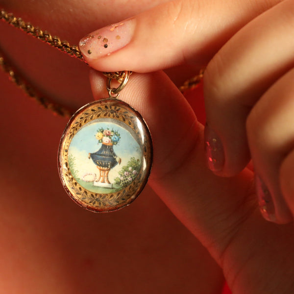 Antique French Verre Eglomise Miniature Locket Pendant, Collectible Jewelry