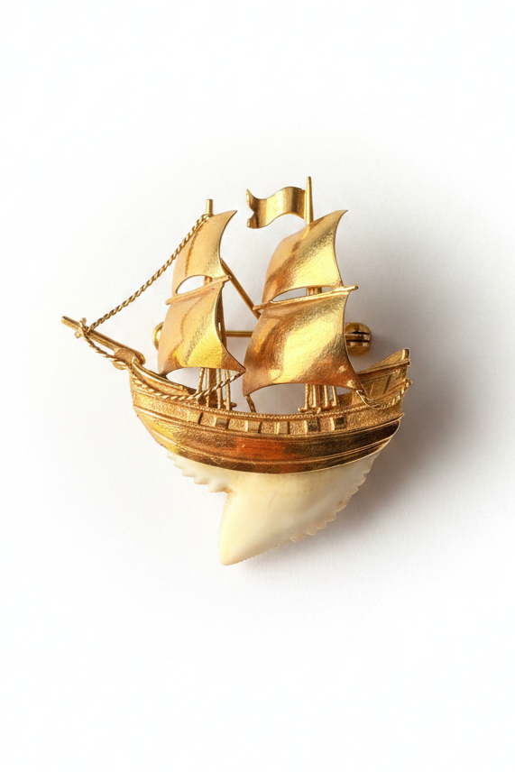 Antique Galleon Brooch with Tiger Shark Tooth in 18k Gold