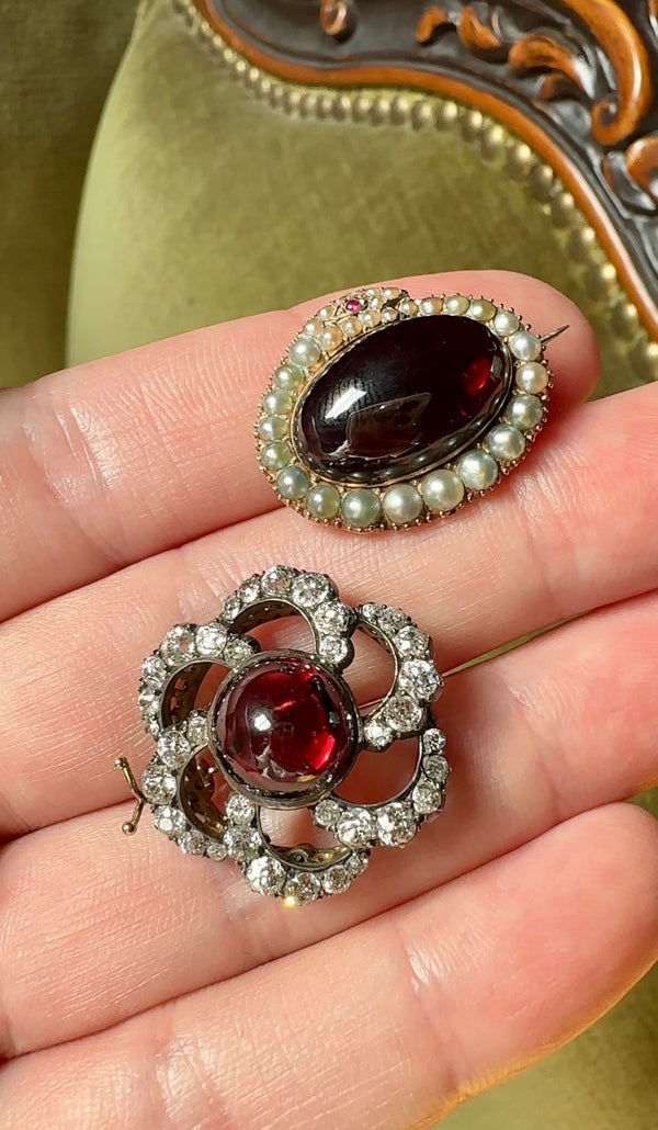 Antique Victorian Garnet Cabochon and Diamond Flower Brooch