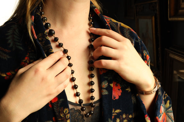 Antique Long Garnet Necklace with Lobster Clasp in Solid 14k Gold