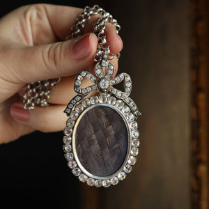 Antique Georgian Old Mine Cut Paste Bow Pendant with Woven Hair