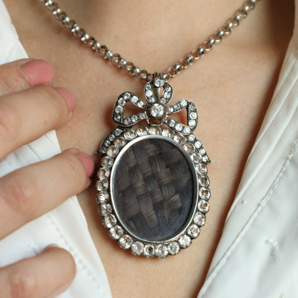 Antique Georgian Old Mine Cut Paste Bow Pendant with Woven Hair