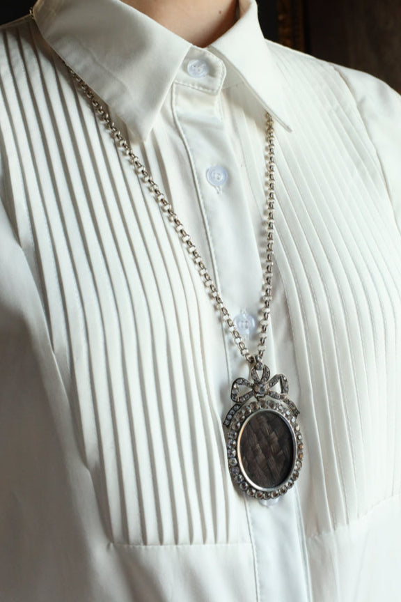 Antique Georgian Old Mine Cut Paste Bow Pendant with Woven Hair