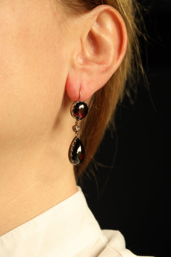 Antique Georgian Teardrop Garnet Cabochon and Diamond Earrings