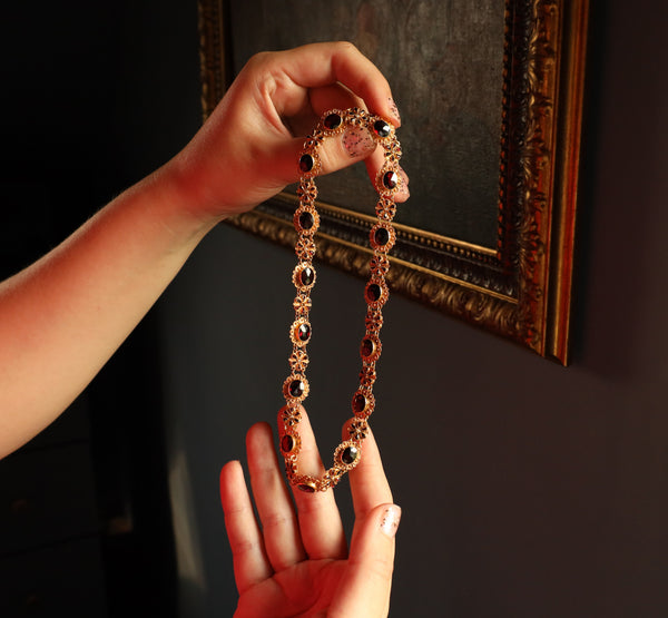 Antique Floral Garnet Necklace in Solid 14k Gold