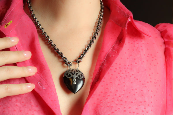 Antique Victorian Heart Padlock Pendant with Silver Fittings