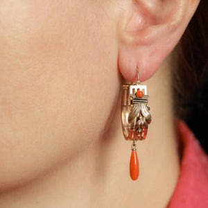 Antique Italian Coral and Black Enamel Earrings in Solid 18k Gold