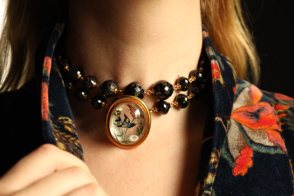 Antique Long Garnet Necklace with Lobster Clasp in Solid 14k Gold