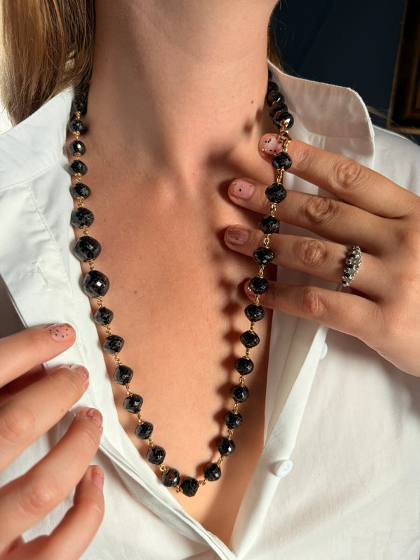 Antique Long Garnet Necklace with Lobster Clasp in Solid 14k Gold