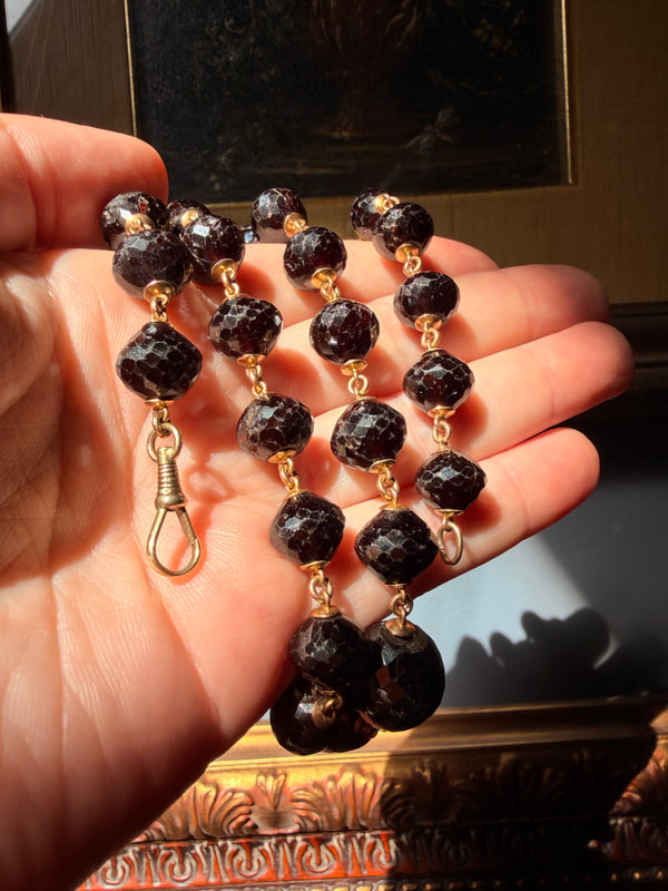 Antique Long Garnet Necklace with Lobster Clasp in Solid 14k Gold