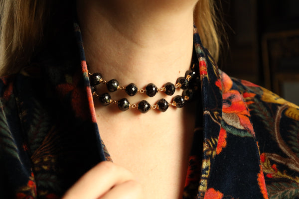 Antique Long Garnet Necklace with Lobster Clasp in Solid 14k Gold