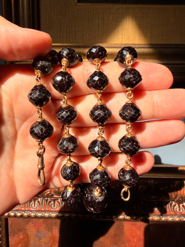 Antique Long Garnet Necklace with Lobster Clasp in Solid 14k Gold