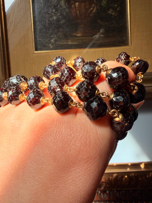 Antique Long Garnet Necklace with Lobster Clasp in Solid 14k Gold