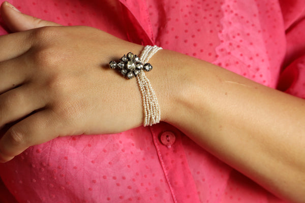 Antique Edwardian Micro Pearl Bracelet with Garnet Clasp Lock