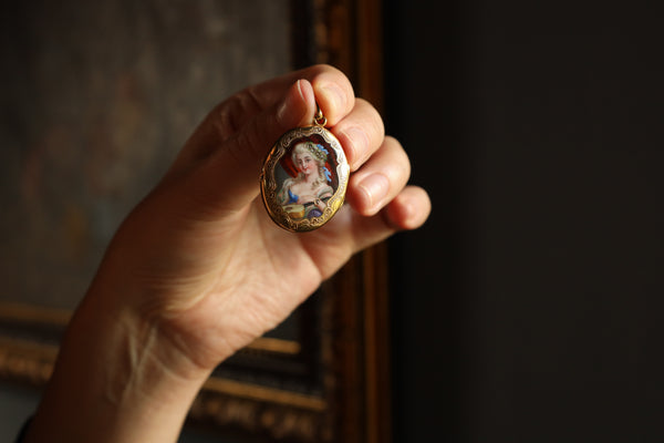 Antique Enamel Miniature Locket Pendant 18k Gold - Allegory of Music