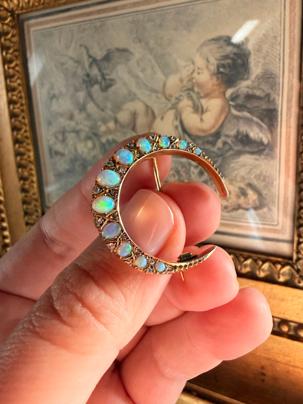 Antique Crescent Moon Brooch with Australian Opal